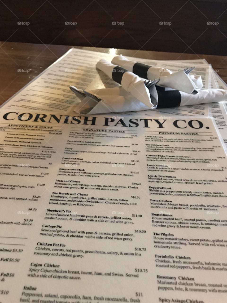 The menu at Cornish pastries. 