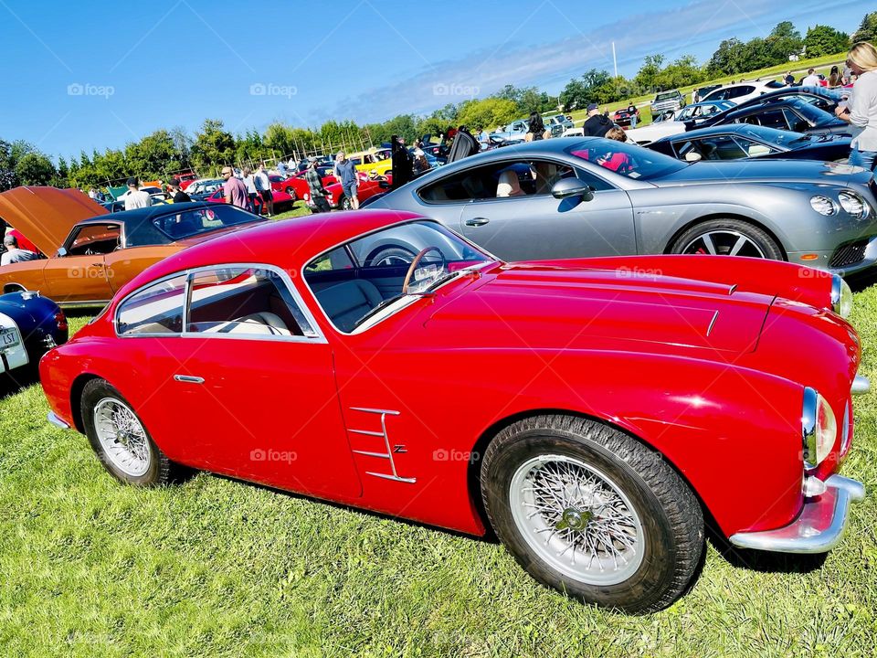 Maserati-Italian made luxury sports car on display at a social gathering uniting owners and enthusiasts of classic, vintage, exotic and specialty cars.  