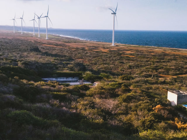 Giant electric windmills on the shoreline