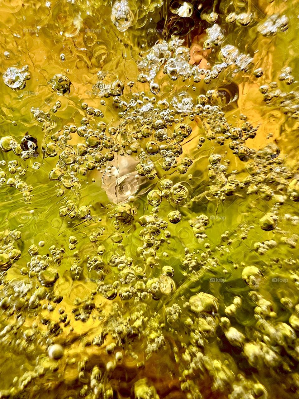 Terra cotta birdbath with algae and air bubbles trapped in sheet of ice