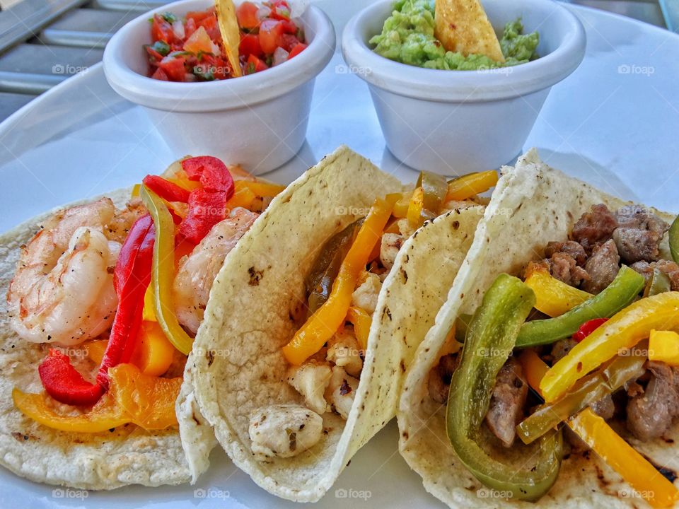 Shrimp And Chicken And Beef Tacos
