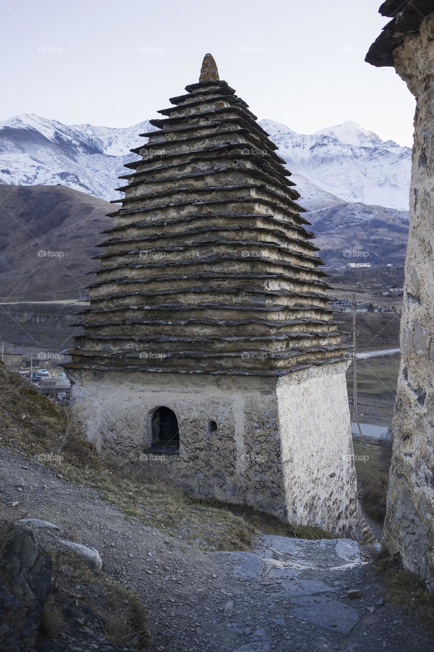 Crypt complex in high mountains . slate crypts