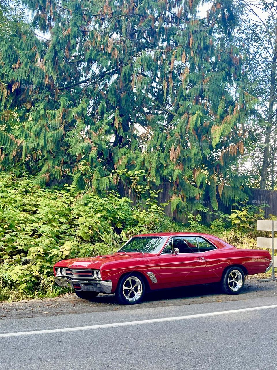 Red retro car on the side of the road 
