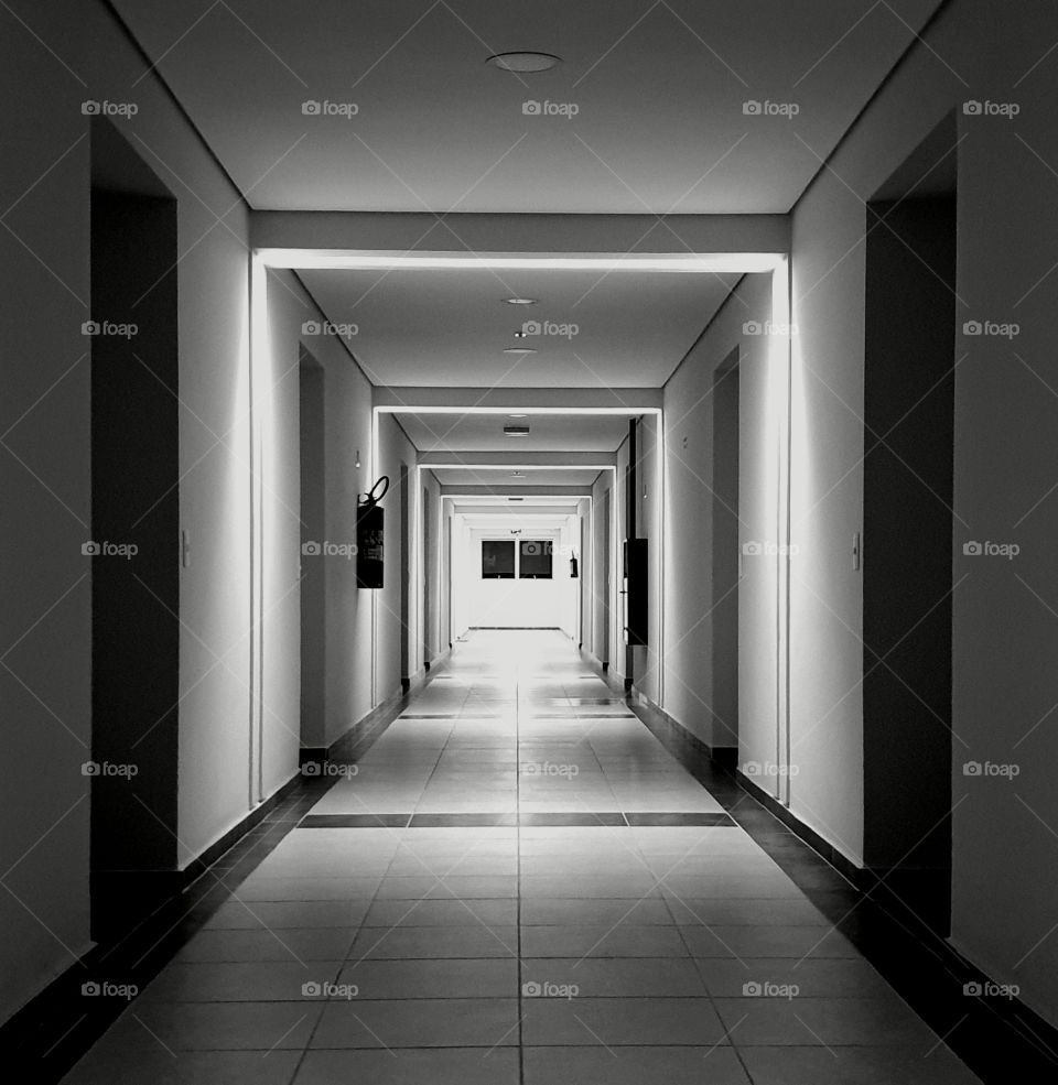 Corridor with low light illumination in black and white