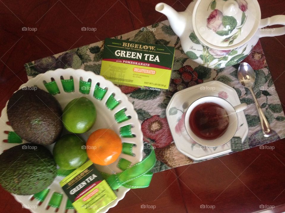 Green tea flat lay