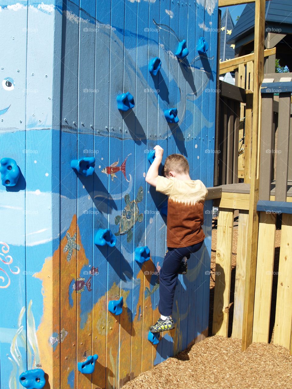 Grandson climbing wall