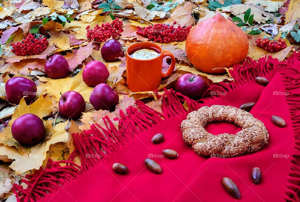 Autumn day. Red plaid, apple harvest, pumpkin, acorns, Semit, a mug of lemon tea, rowan berries and a good day 🍂🍁🍎🥐☕