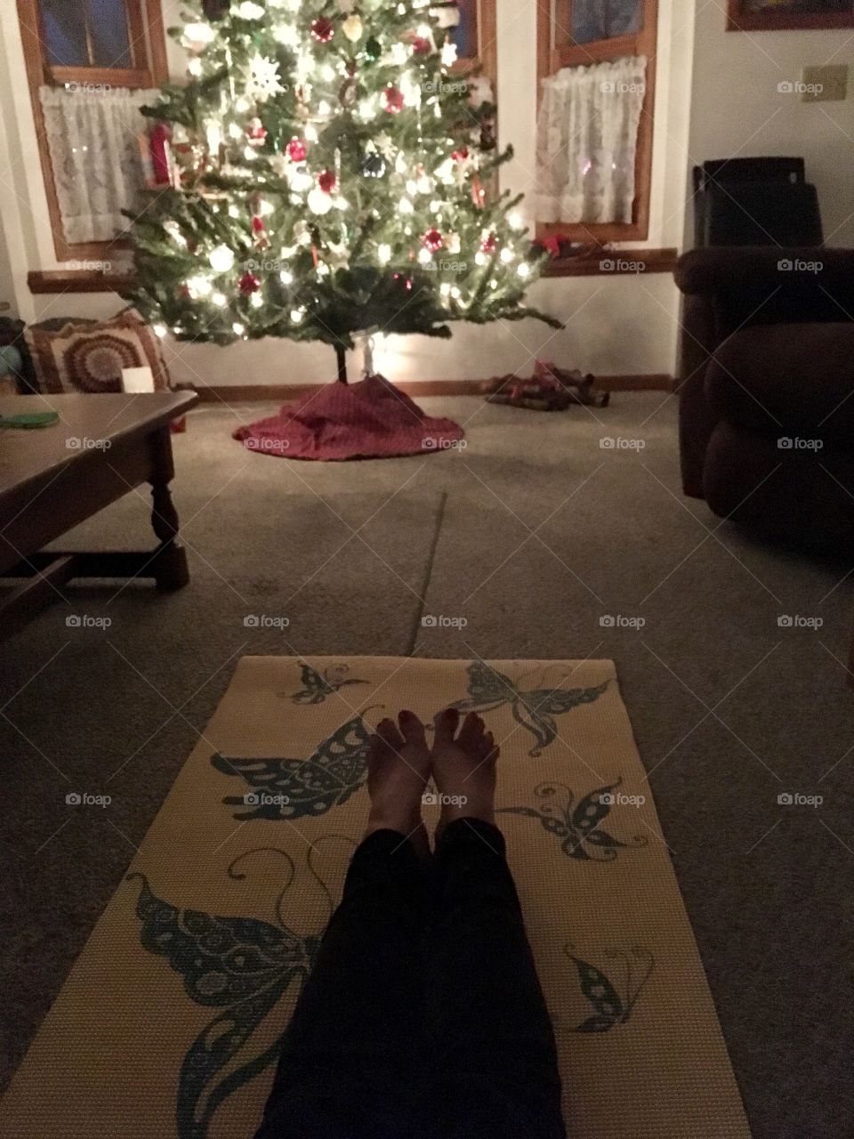 Yoga by holiday light.