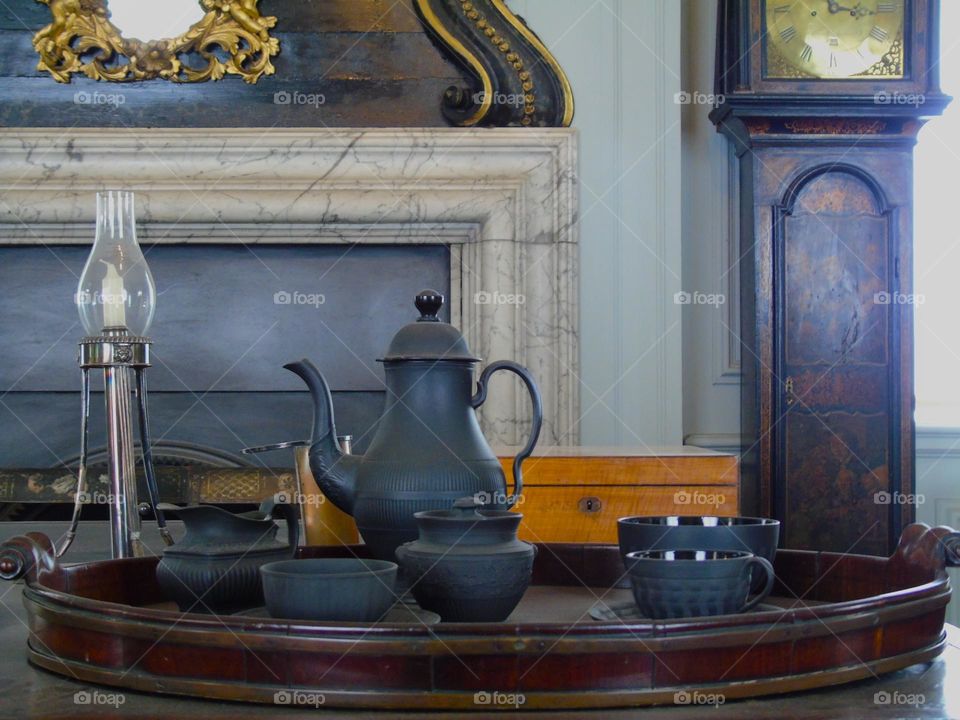 Tea set displayed in 500 years old Tudor Mansion, Suffolk, UK