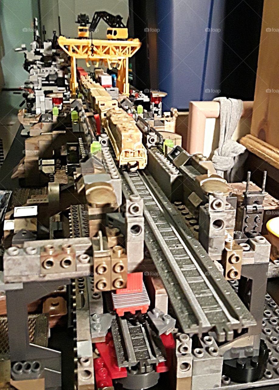 Lego Bridge w N Scale Trains at Shipping Port w Ship