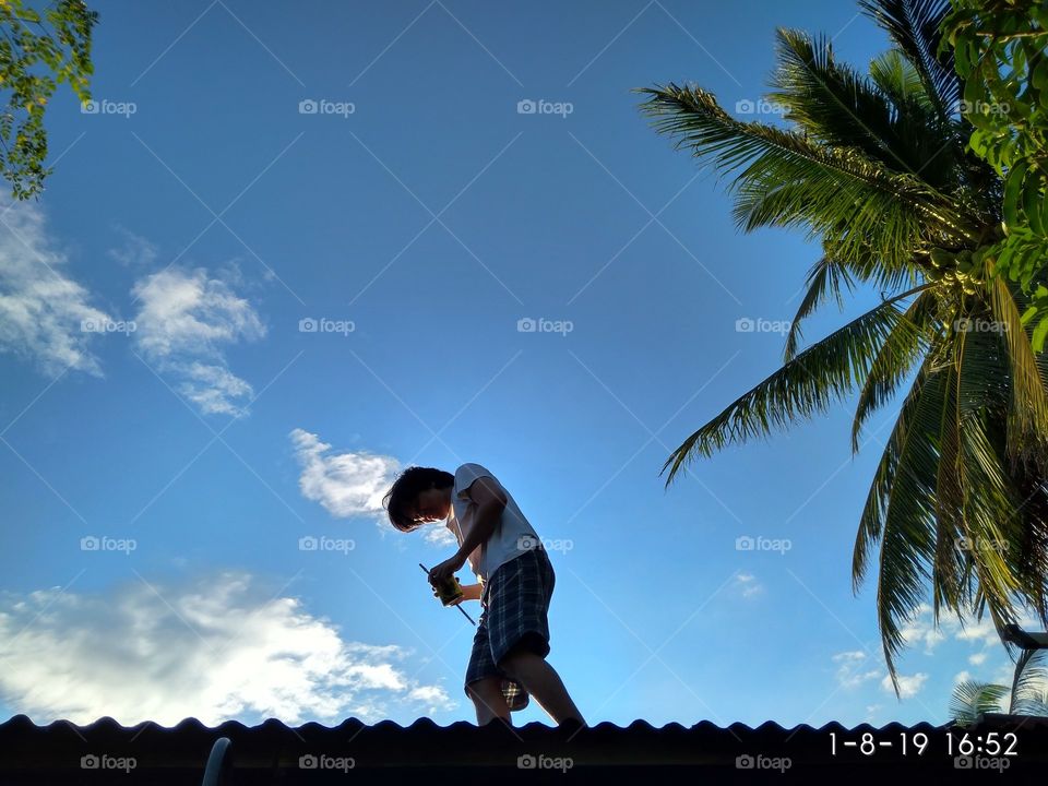 Boy in the roof is doing his roof job, behind him is a beautiful blue sky, and a coconut tree on the side which give this picture a beach-like atmosphere.