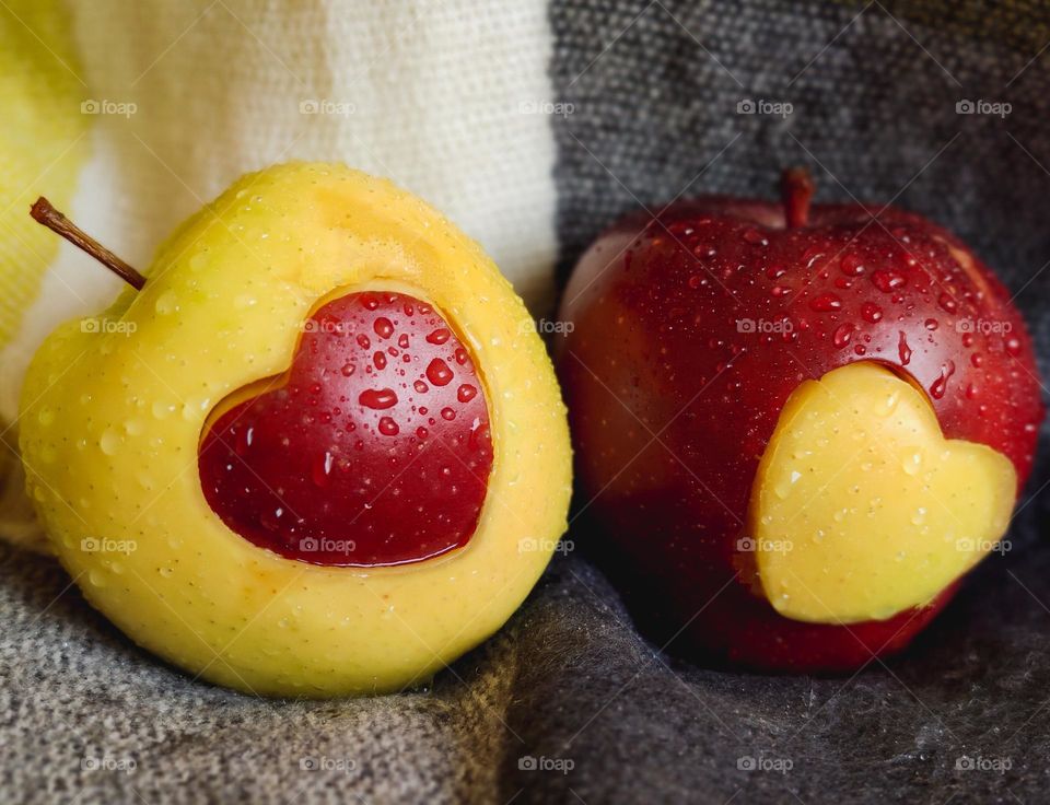 Heart-shaped apples in red and yellow