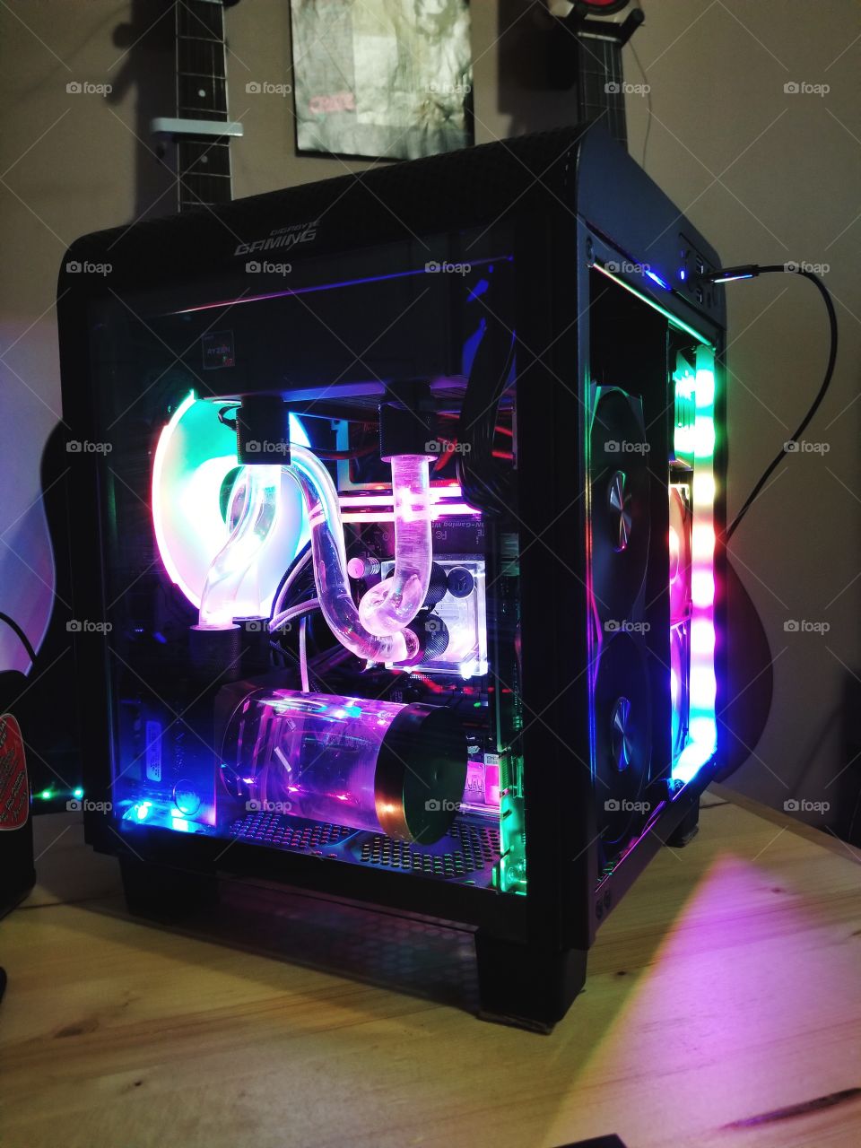custom gaming PC with water cooling, and rgb lighting.