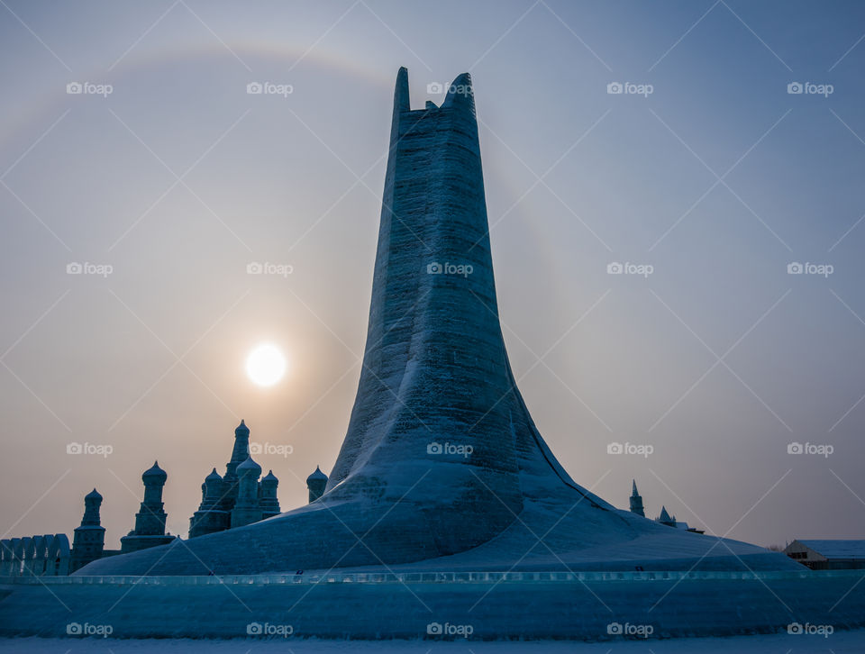 Asia china  Harbin ice Festival snow Festival ice sculptures snow building  snow ice with polar sunset skylight