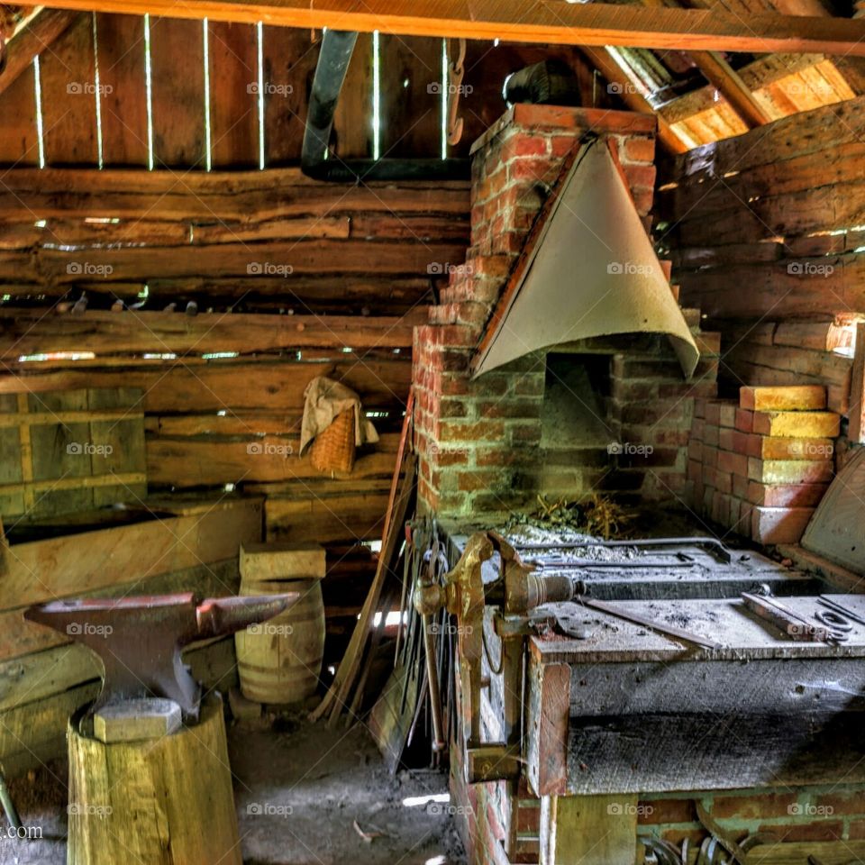 Blacksmith cabin shop. old time blacksmith shop in Kentucky.