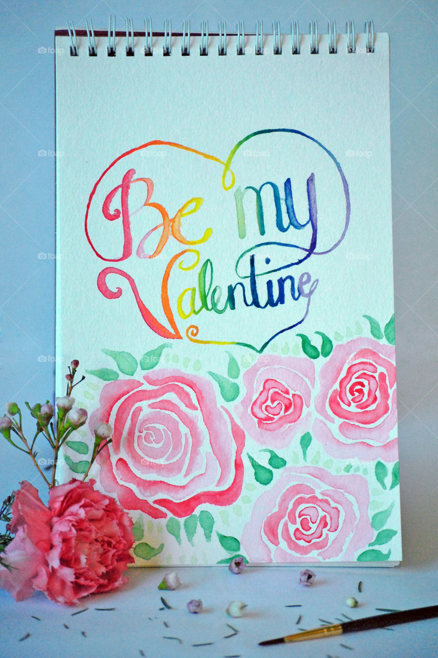 Be My Valentine, Hand painted card, rainbow, lettering, watercolor