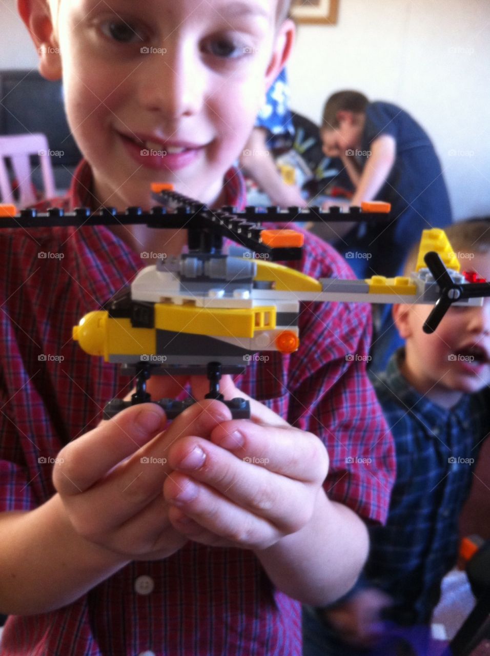 Lego creation. Lego helicopter made by a boy