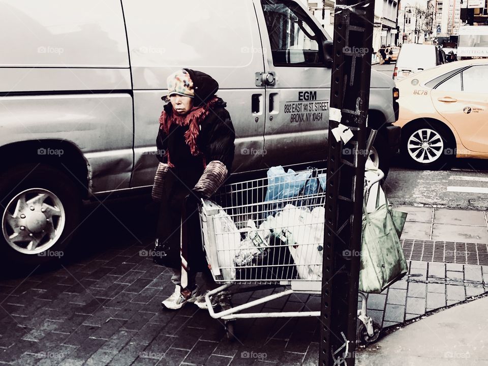 Homeless woman in SOHO, New York City 