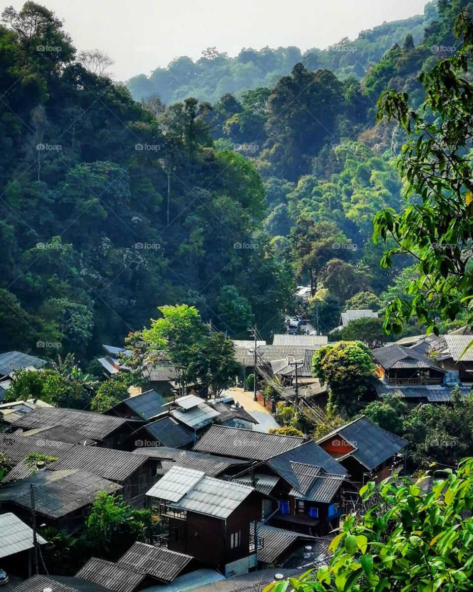 A view of the beautiful mountain village of Mae Kampong in Chiang Mai, Thailand. The town is perfectly nestled in the mountains.