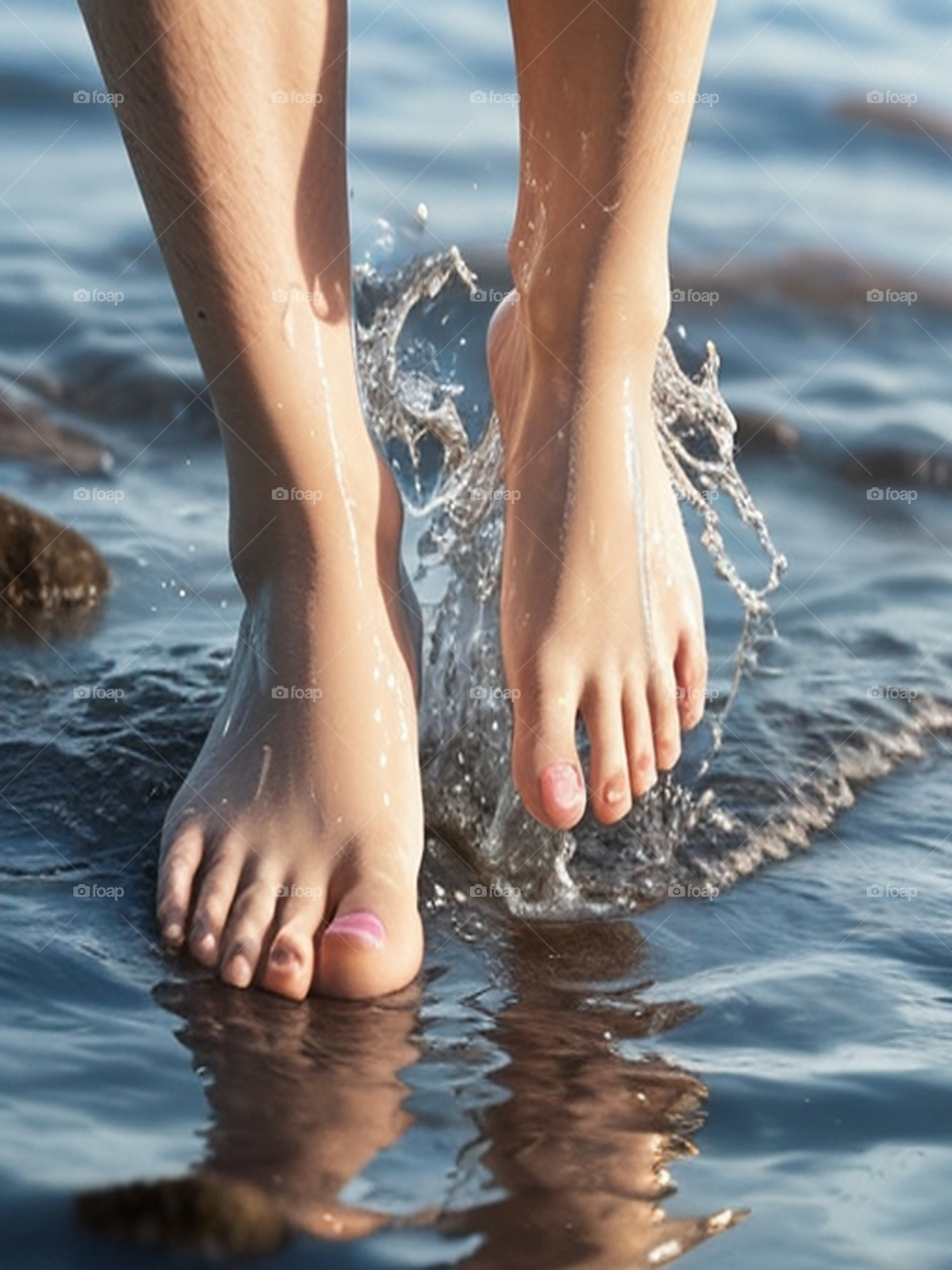 Barefoot human feet walking in the water