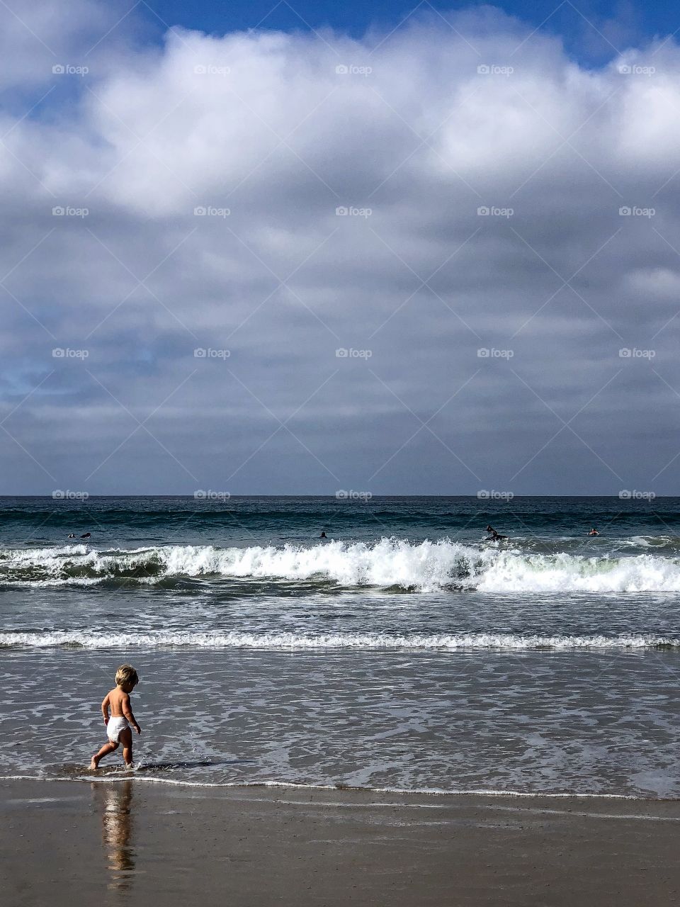 Foap Mission From Point A To B! Small Child In Diapers Testing The Waves At The Beach For The First Time!