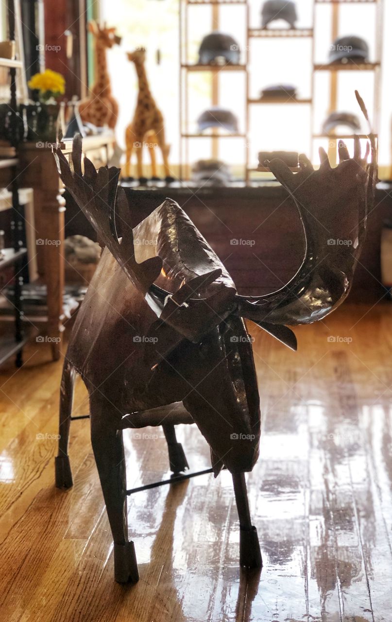 This hand made metal Moose was found in Ellsworth Maine at an antique shop that also sells Made in Maine items. Beautiful place Rout 1A Relics. 