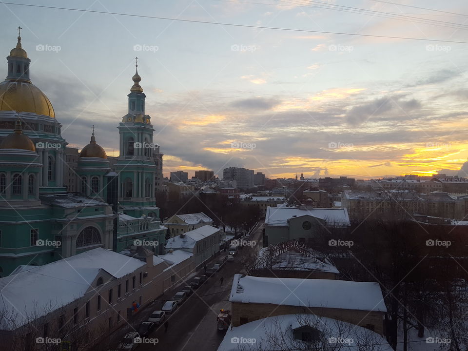 Berth, sunset, river,  Moscow, city, night city, Moscow does not sleep