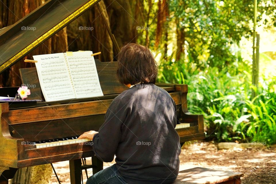 Old Woman Playing Piano Outdoors On A Sunny Day