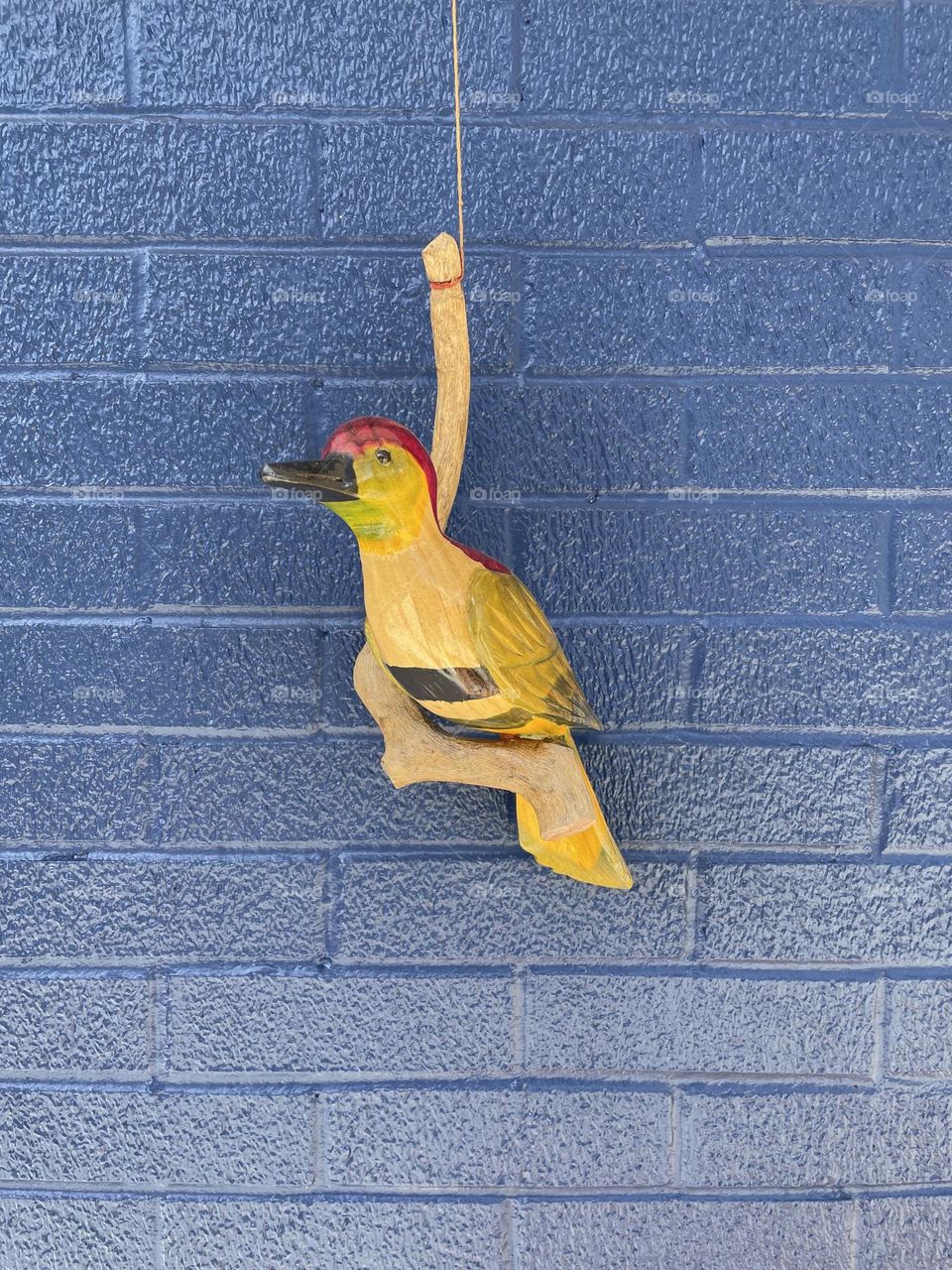 Decoy wooden bird, wooden bird hanging outside of home, hanging birds from houses, wooden decoy bird in backyard, signs of spring 