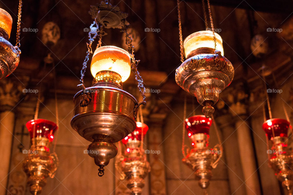 Close-up of golden lanterns