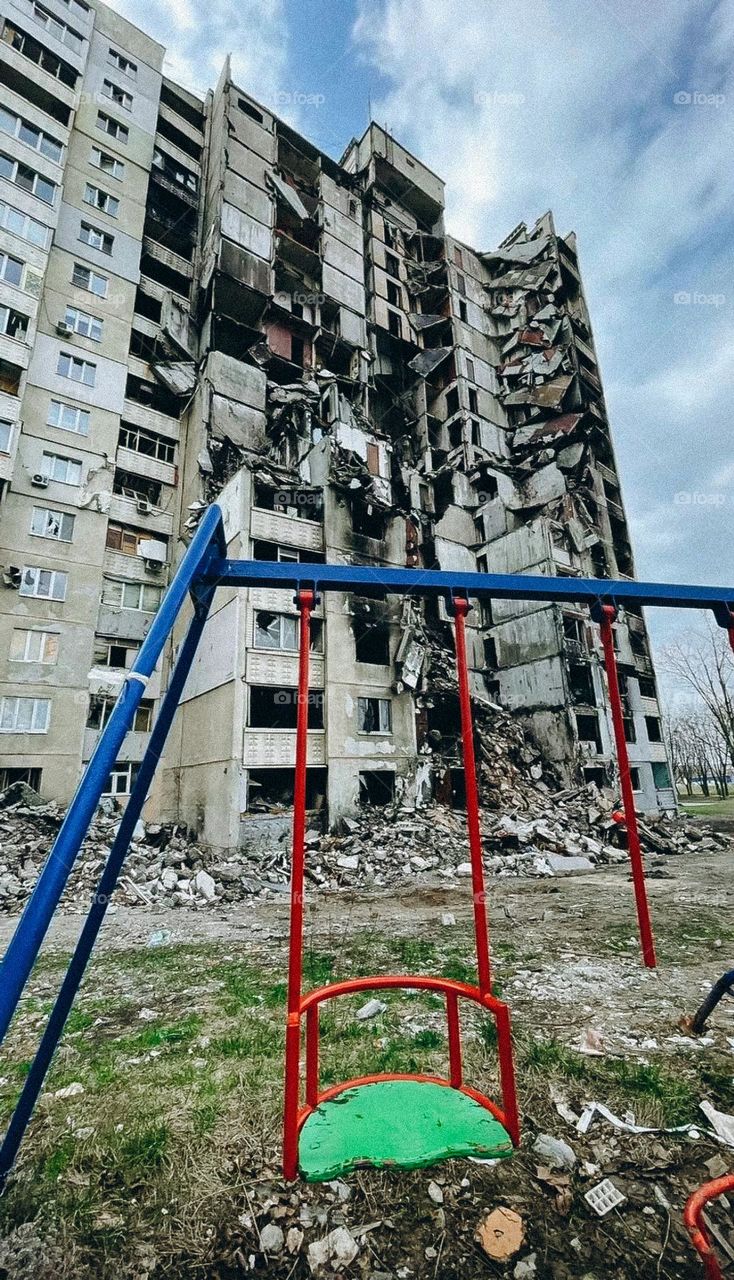 Building in North Saltivka district, Kharkiv. War in Ukraine. Russia is a terrorist state