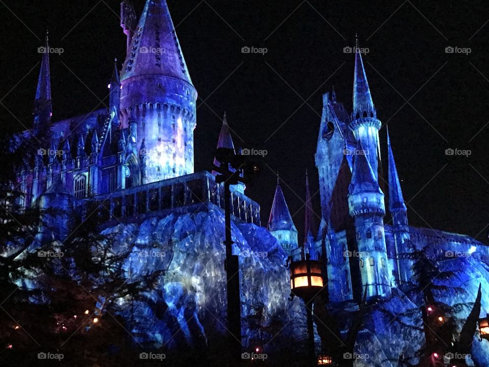 Universal studios Harry Potter land light show on the hogwarts castle for New Year’s Eve in Los Angeles