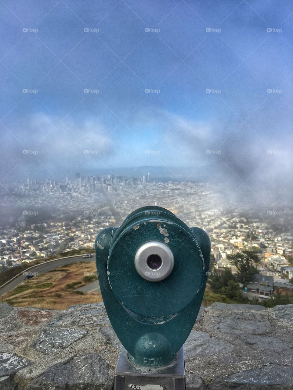 Telescope view of downtown San Francisco from Twin Peaks.