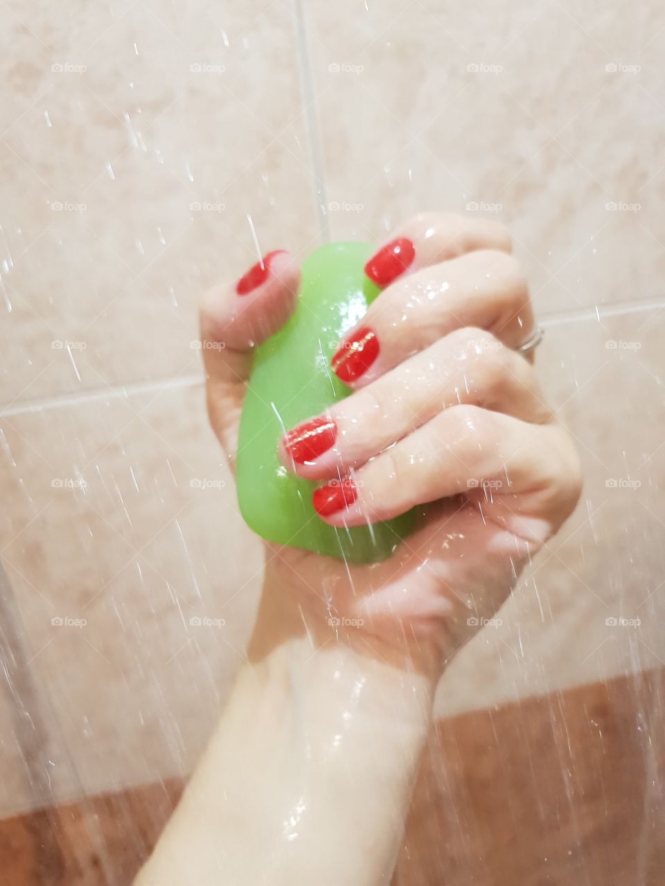 Soap, green soap, manicure, red manicure, shower