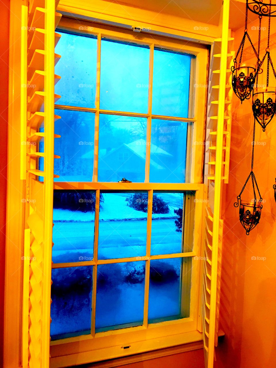 Winter storm outside window.