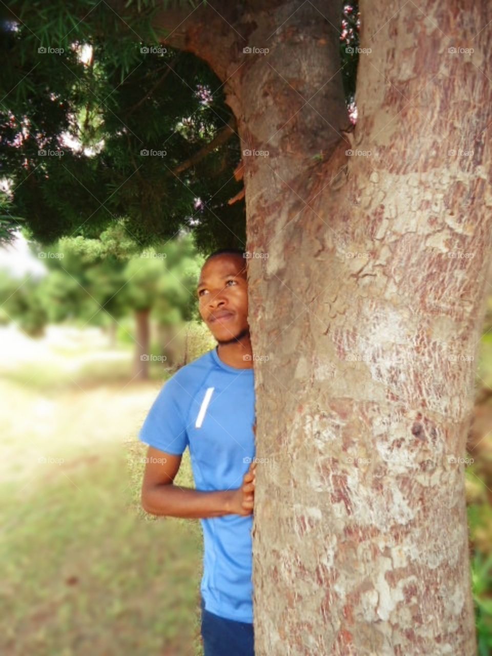 young man standing beside a tree