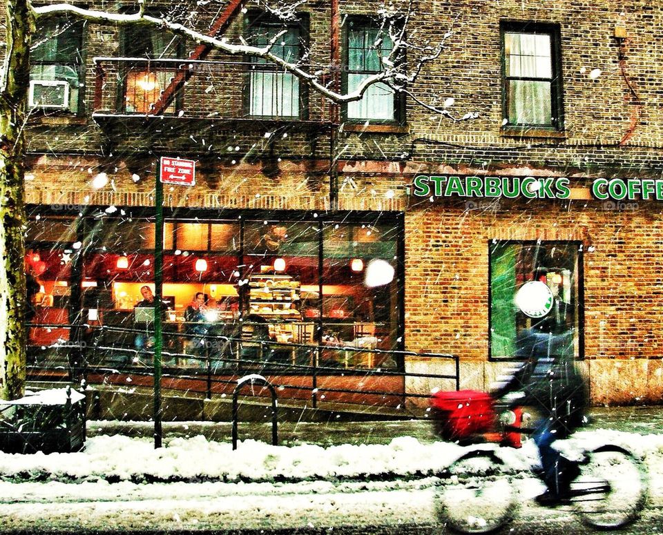 Starbucks, Cyclist and Snow