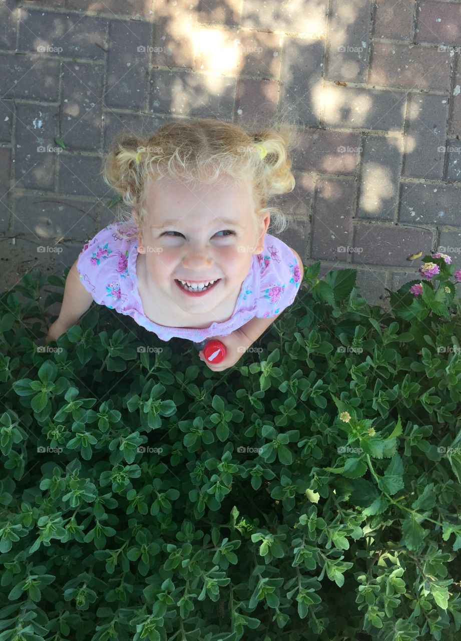 Elevated view of girl smiling