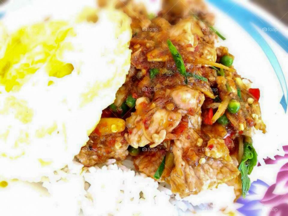 spicy pork and egg fried on hot rice. thailand food