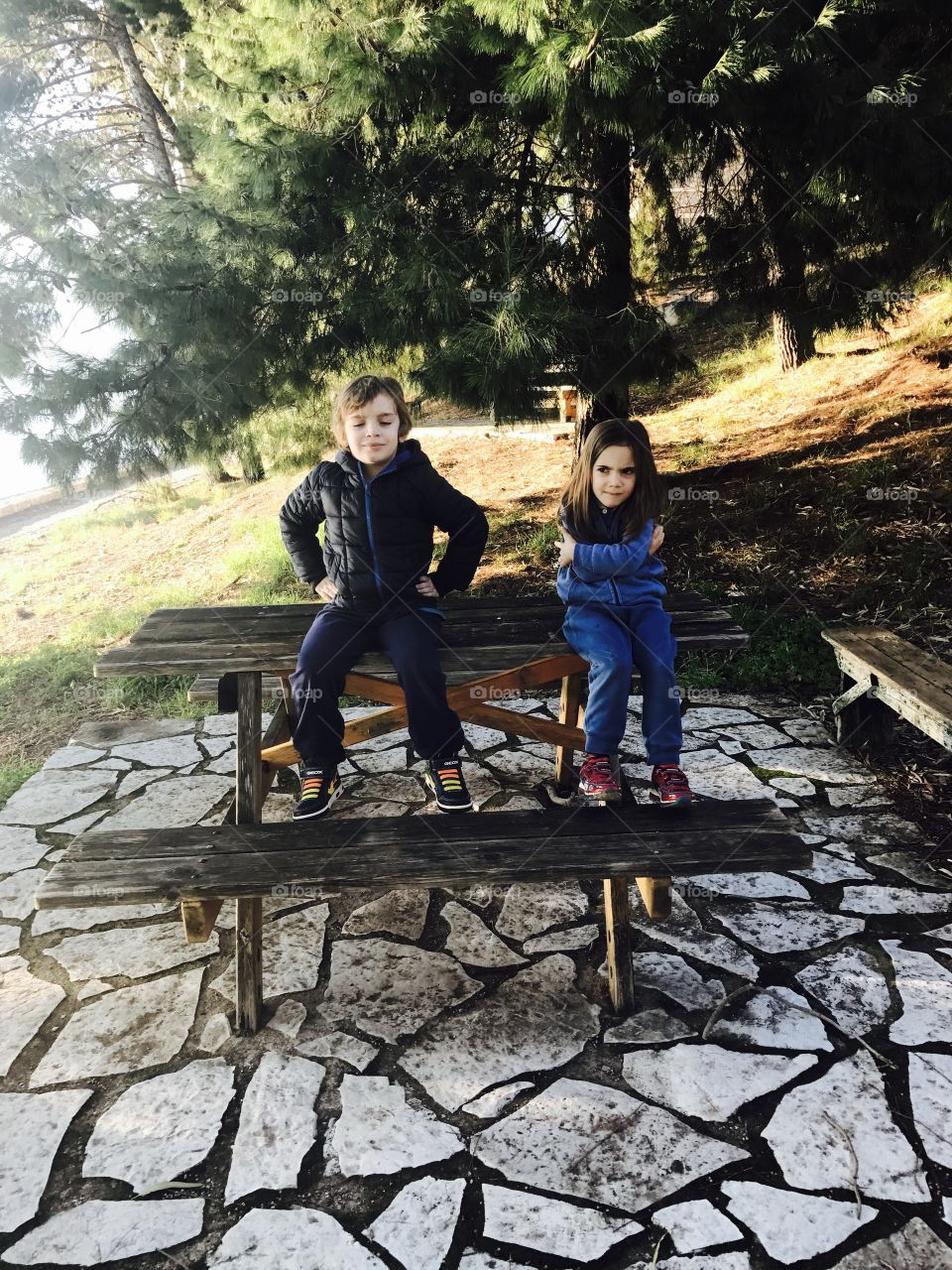 Brother and sister sitting on table in park