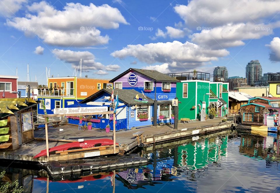 Colourful floating home at Fisherman’s Wharf, Victoria BC Canada