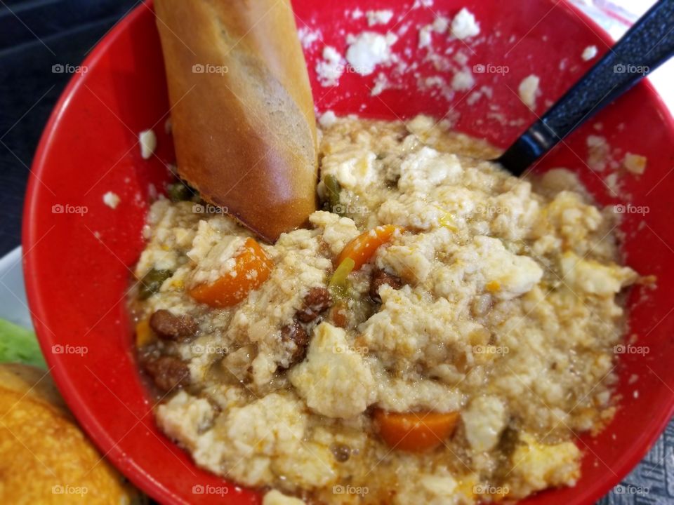soup with crackers and bread