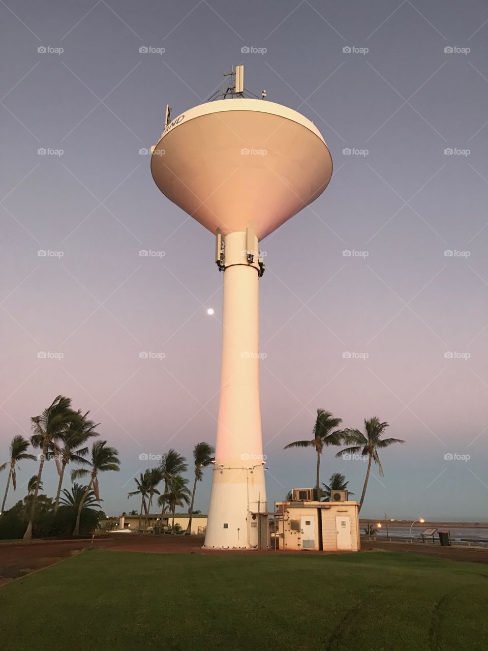 Moon setting beside water tower with palm trees