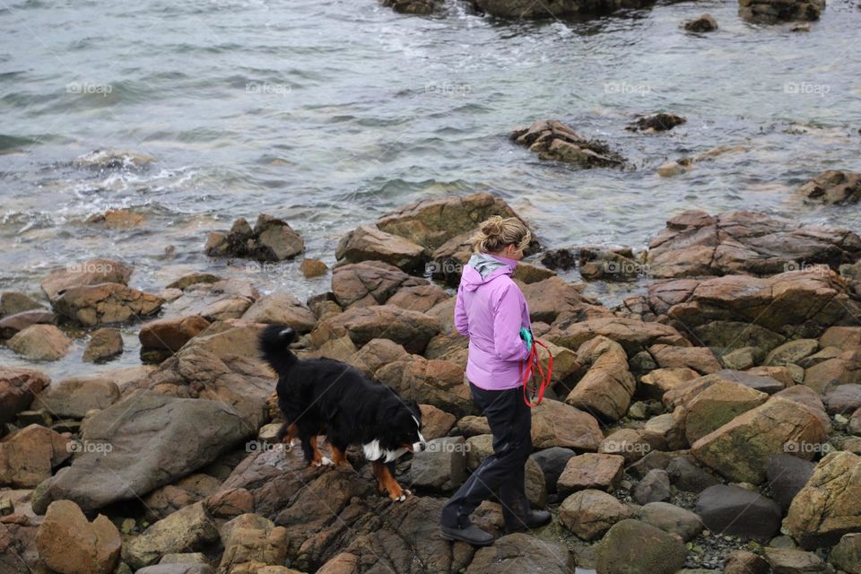 Woman and dog on rocks by the ocean 