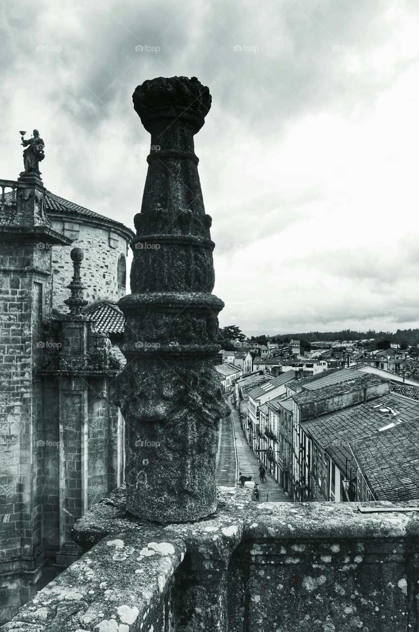 View from the terrace. View of San Frutuoso church and Huertas Street from the terrace at Hostal dos Reis Católicos, Santiago de Compostela.