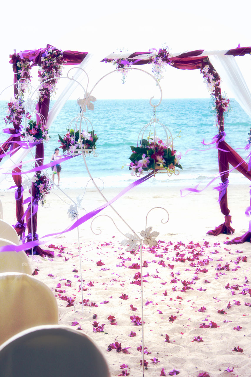 Beach wedding archway. Set up of a wedding by the beach