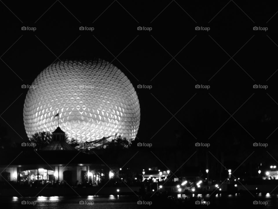 Black and White view of EPCOT's Spaceship Earth at night.