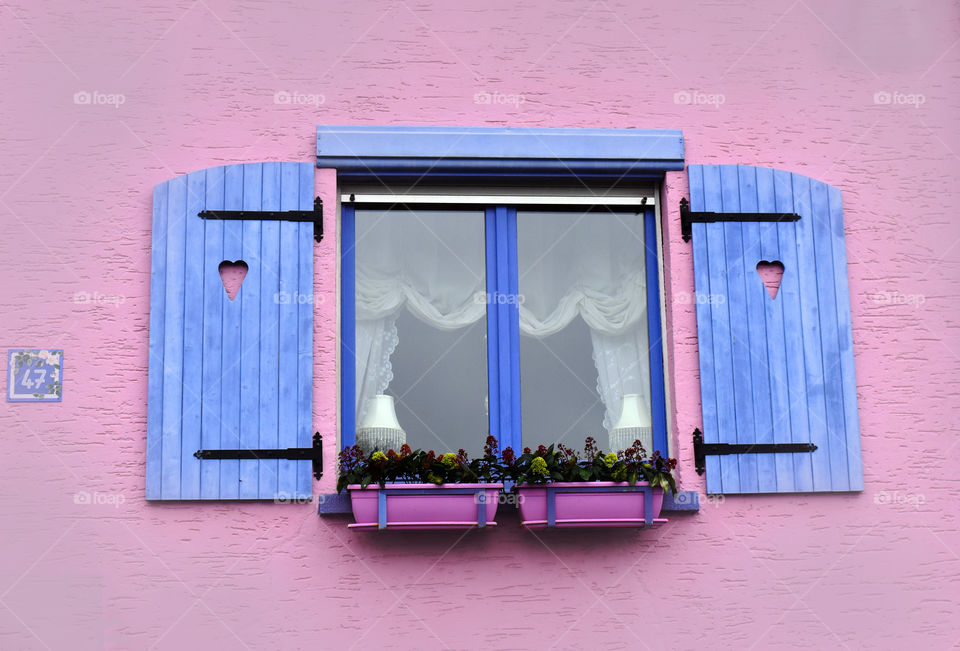 pink building, window, house