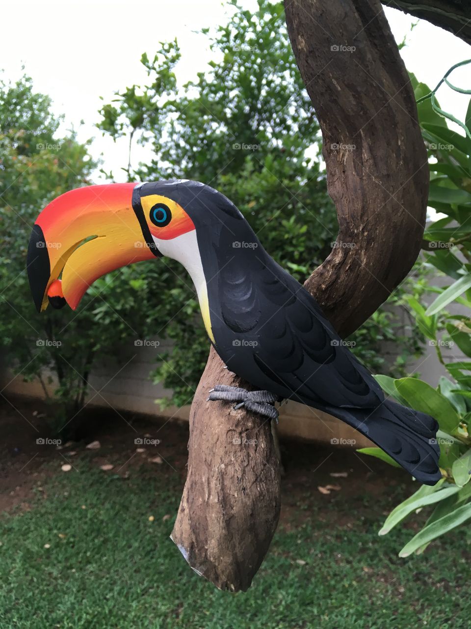 Nosso tucano enfeitando o jardim. Esse bichinho de artesanato de madeira ficou ótimo!