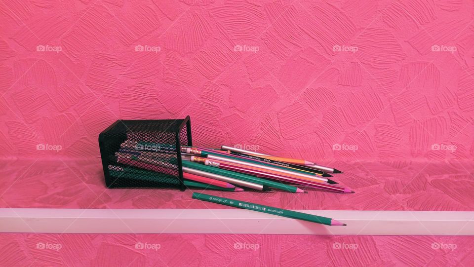 pencils, set, wall, pencil stand, pink color, wallpaper, minimalism